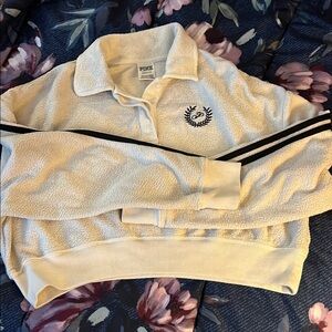 Cream Sherpa Pullover with Black Stripes